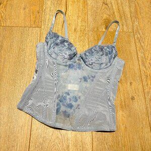 Vintage Blue Floral Corset Top Mesh Embroidery Small